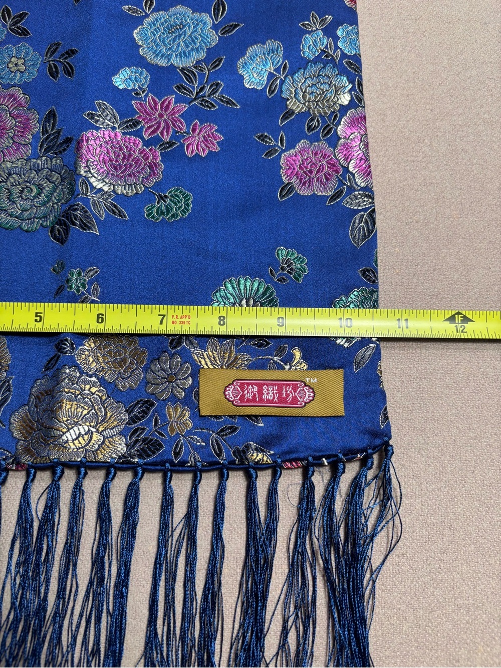 Vintage-Inspired Blue Chinese Embroidered Floral Scarf with Tassel Fringe - Picture 10 of 10